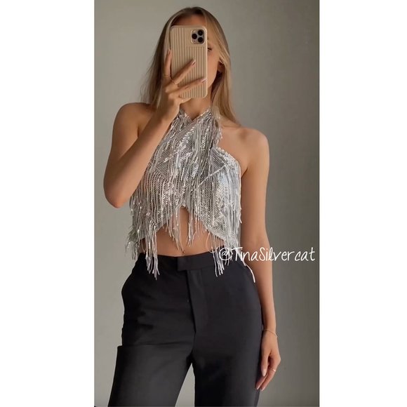 BLOGGER'S FAVE! Zara Sequin Wrap Halter Top NWT - Picture 10 of 14